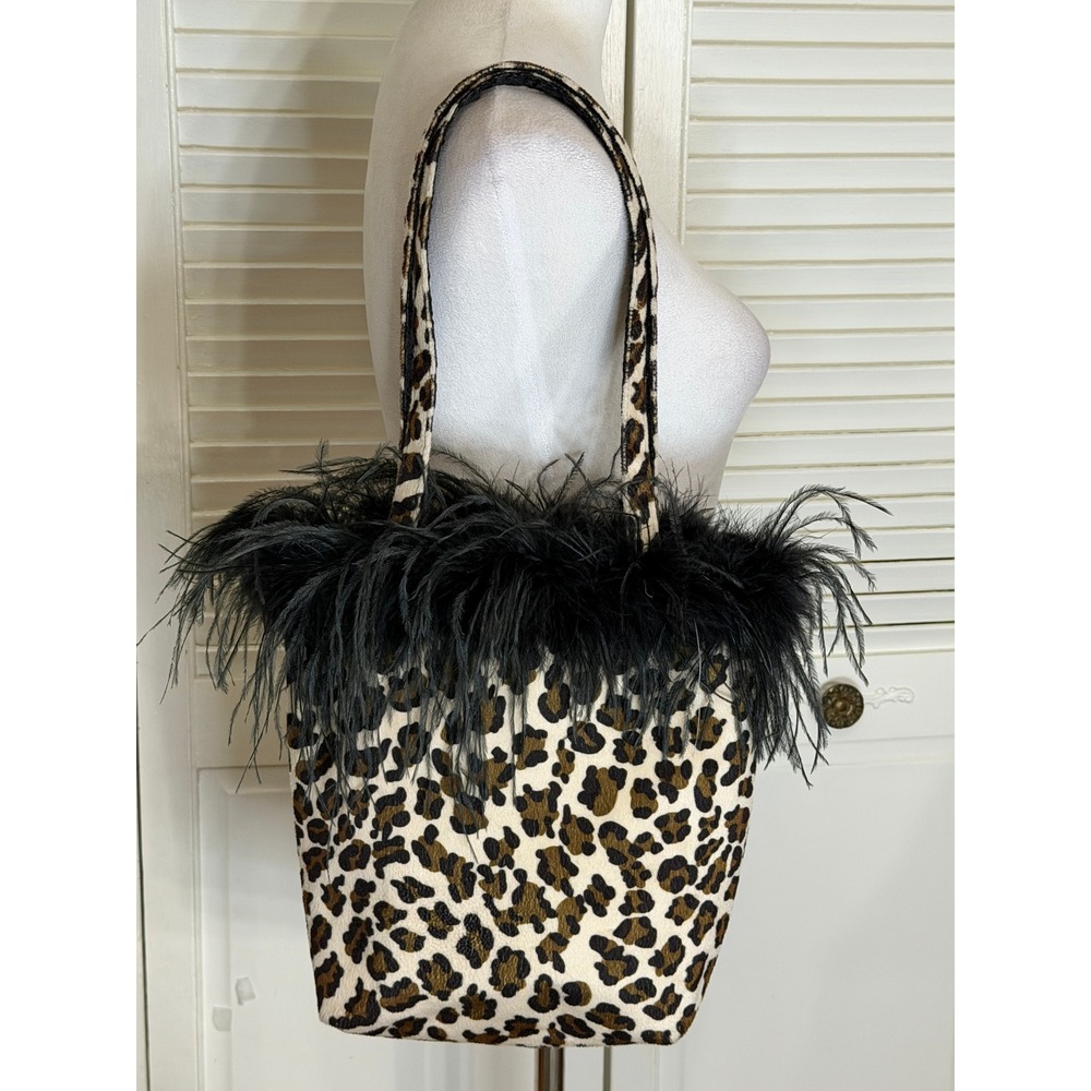 Leopard Print Faux Fur Tote Bag Ostrich Feather Girls Night Out Bachelorette - Picture 11 of 13
